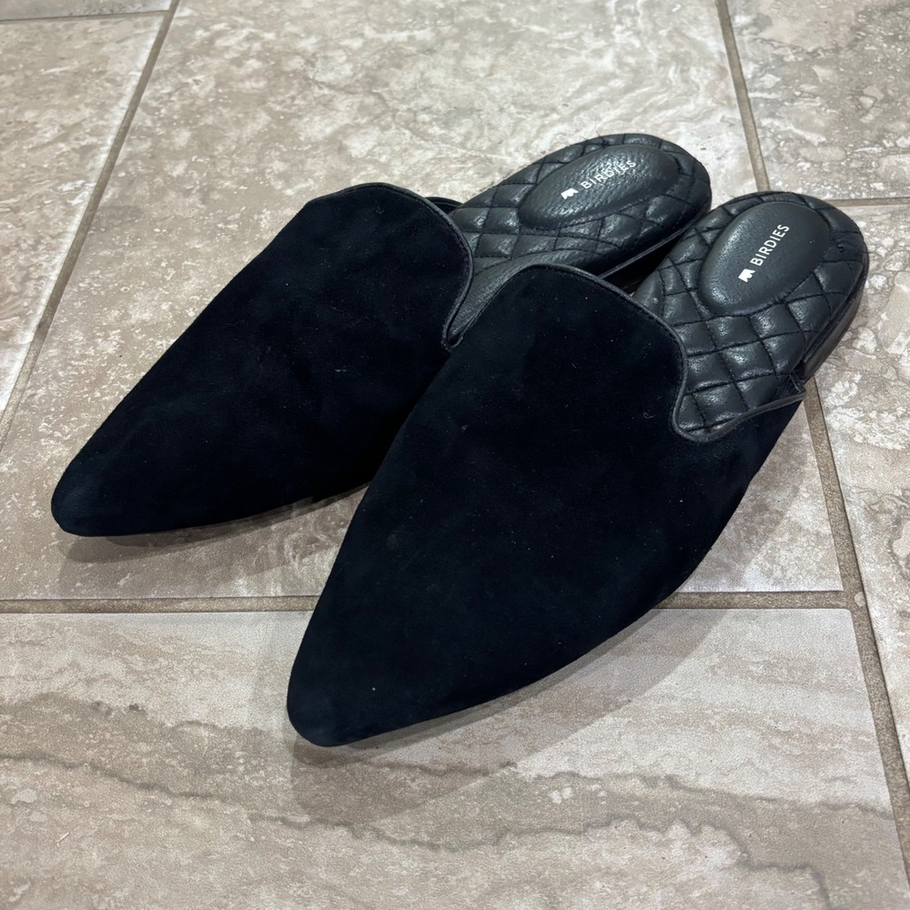 Birdies The Swan Black Suede Pointed Toe Mules Slides Women Size 10 DGSTHE